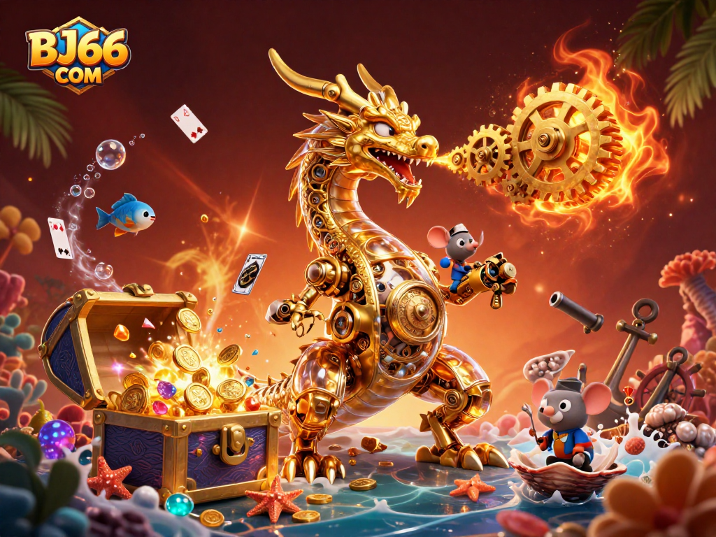 Engage with BJ66 COM's thrilling gaming experience, featuring a biomechanical dragon and immersive casino elements.