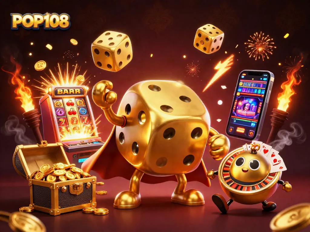 Jadikan pengalaman bermain dengan POP108 lebih menarik melalui ilustrasi kasino 3D yang menampilkan karakter unik dan elemen beruntung.