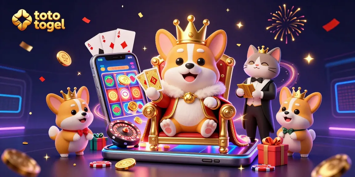 Menghadirkan toto togel dengan corgi kerajaan bermahkotakan emas dan pelayan kucing, dikelilingi elemen perjudian.