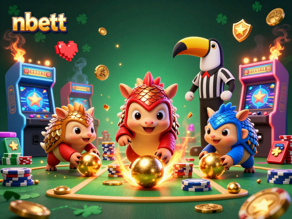 Experience dynamic casino action with nbett as rival pangolins roll through poker chips amidst glowing arcade elements.