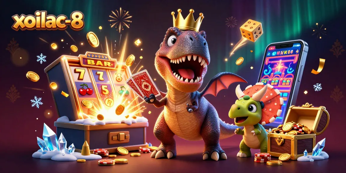 Xoilac-8 reveals a whimsical scene with a T-Rex and friends orchestrating a lively casino game.