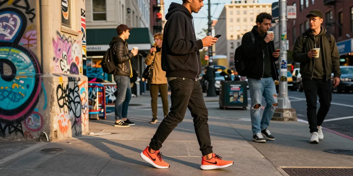 Gaya urban dengan sepatu Nike x NOCTA Glide "Bright Crimson" di tengah kota, menciptakan kesan fashionable dan modern.