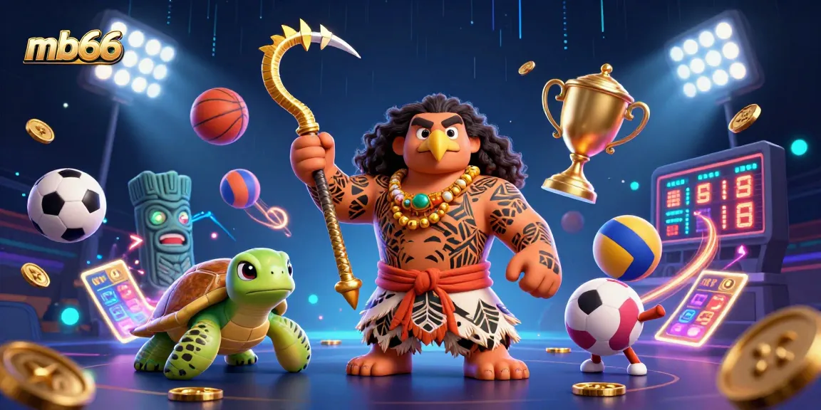 Betting on mb66 with an exciting casino scene of tribal characters and energetic sports elements.