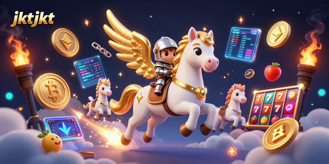 Gambar menarik jktjkt dari kasino anime menampilkan kuda bersayap dan kostum ksatria dengan jackpot slot bersinar.