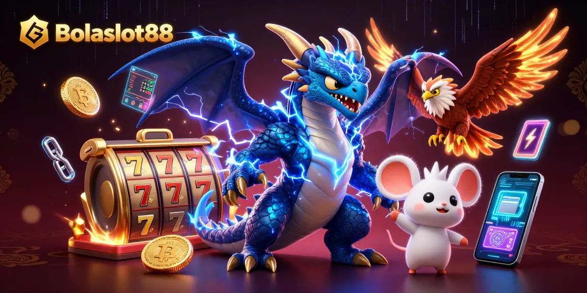 Bolaslot88 offers vibrant slots with 3D dragons and crypto elements in a thrilling casino scene.