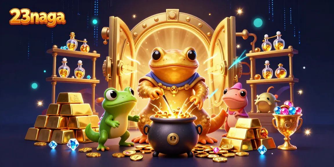 Experience the excitement of 23naga as golden coins burst forth from a treasure vault in this vibrant casino illustration.
