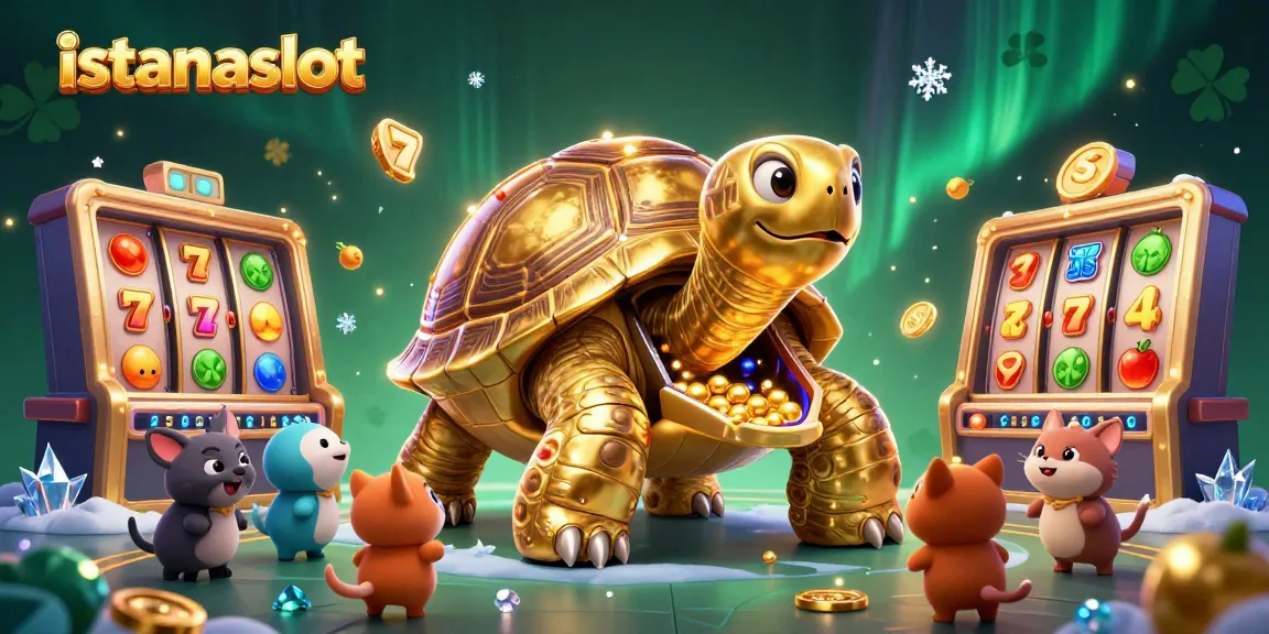 Play exciting slot games at istanaslot with a dazzling 3D golden tortoise casino scene.