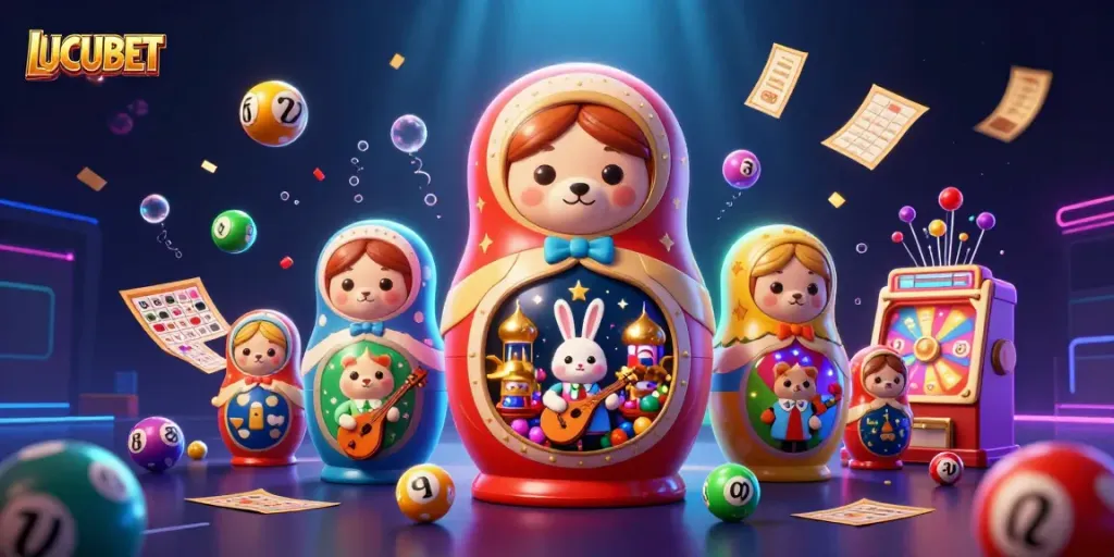 LUCUBET showcases an engaging 3D illustration of a Russian Matryoshka bear in casino attire surrounded by vibrant gaming elements.