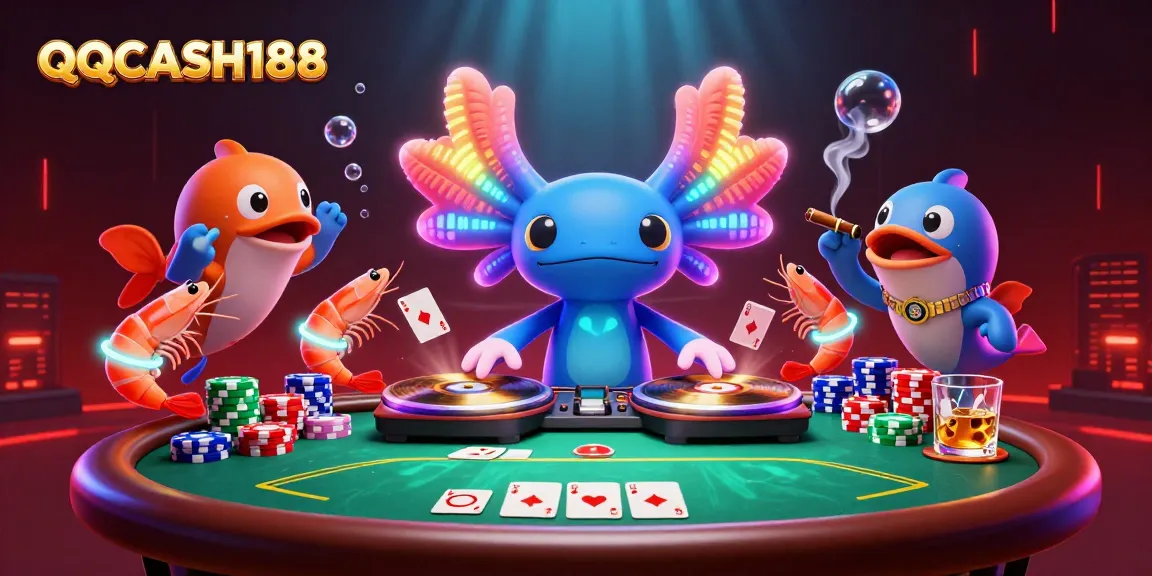 Experience QQCASH188 excitement with a neon axolotl DJ and vibrant poker scene.