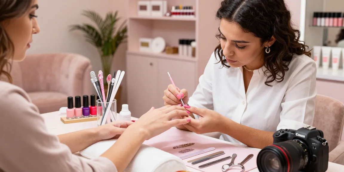Pengalaman salon mewah dengan teknisi kuku menggunakan cat kuku LUXURY12 pada klien, dikelilingi alat manicure premium.