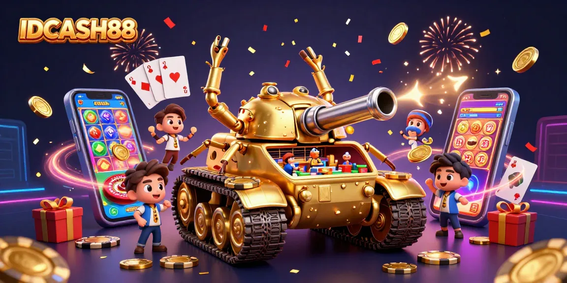 IDCASH88 showcases a vibrant 3D casino scene with a golden beetle tank and exciting gaming elements.