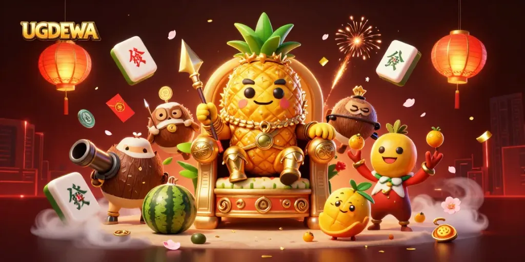 Bet on excitement with UGDEWA at a vibrant beach casino featuring cartoon characters and festive gaming elements.