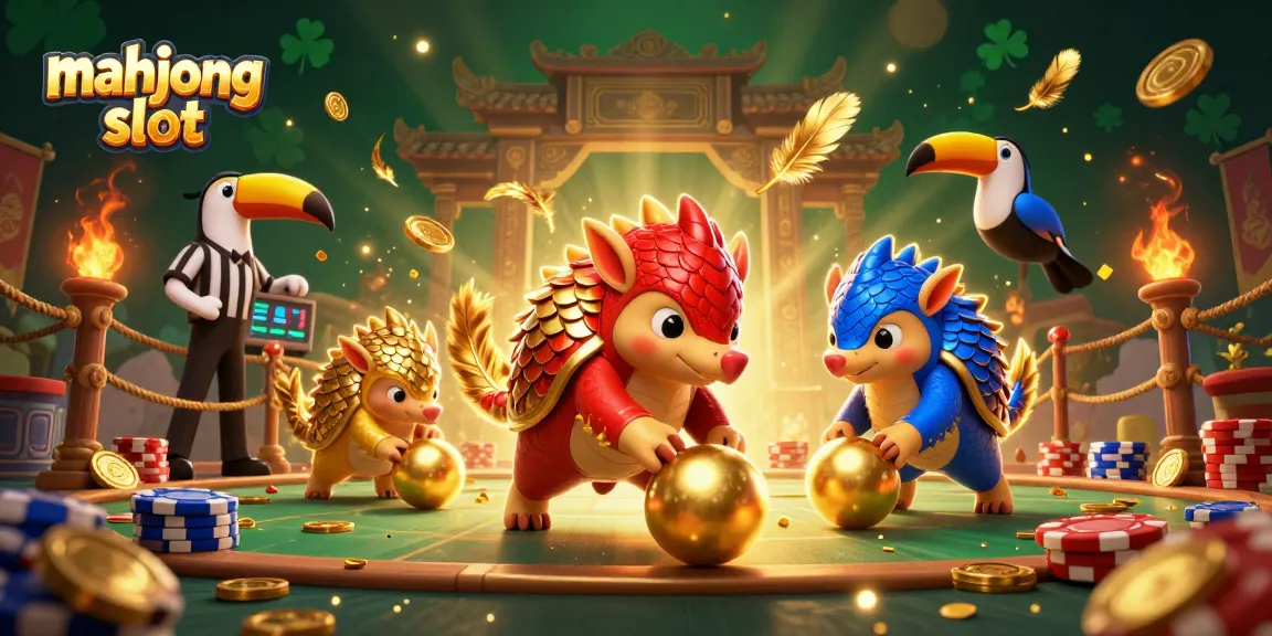 Experience thrilling action in a mahjong slot game with cartoon pangolins and poker chips.