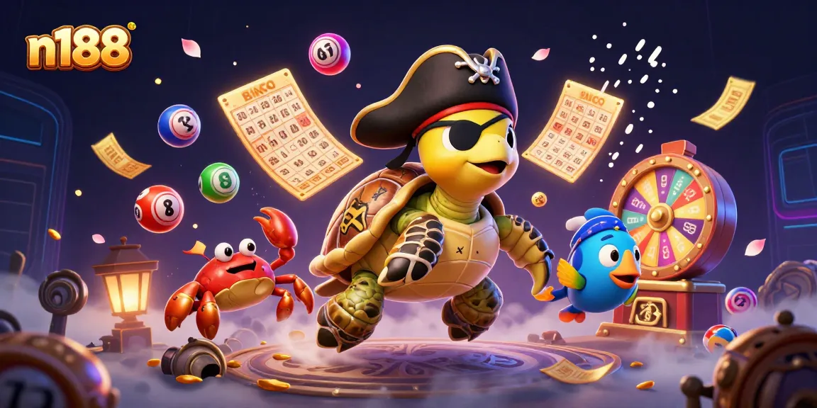 Engage with n188's vibrant lottery and casino universe, featuring animated characters around lively gaming elements.