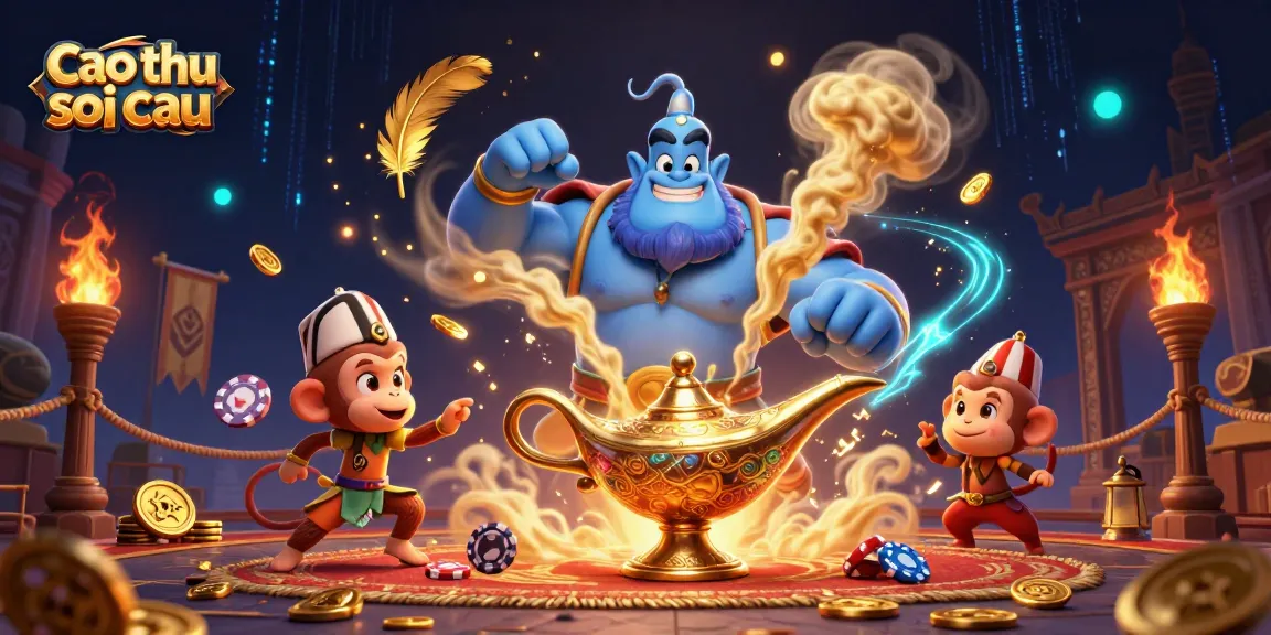 Experience the thrill of cao thu soi cau with a dynamic 3D illustration featuring a genie, monkey, and magic carpet.
