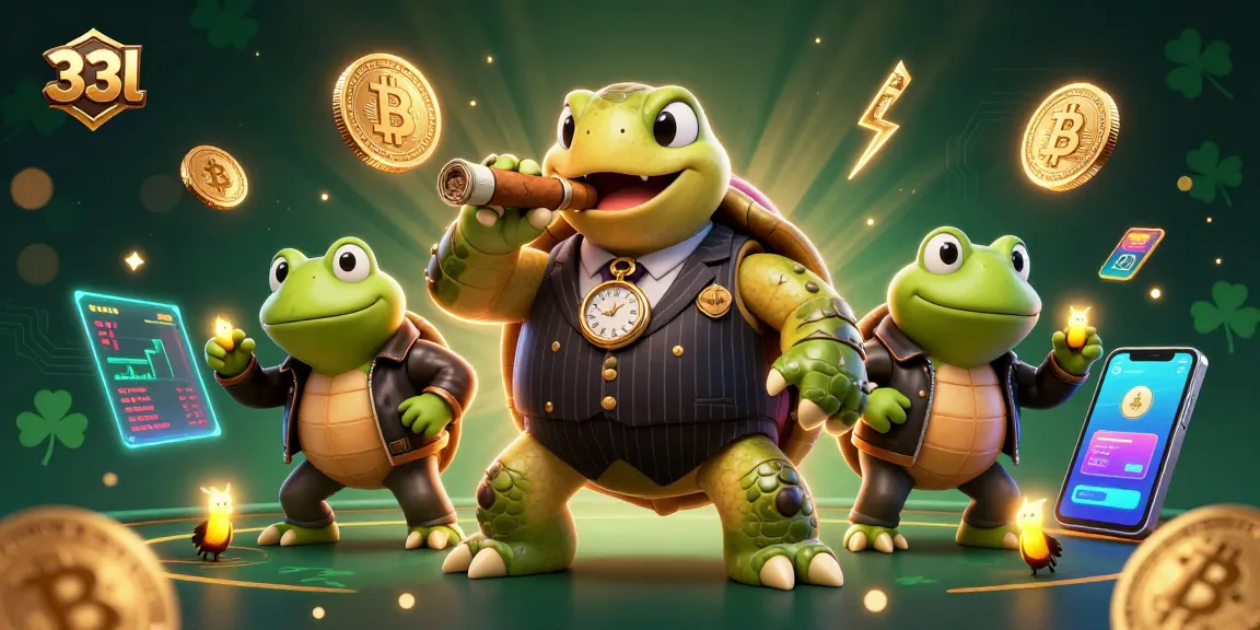 Engage with 33l as the snapping turtle casino mobster strategizes with crypto coins and lights.
