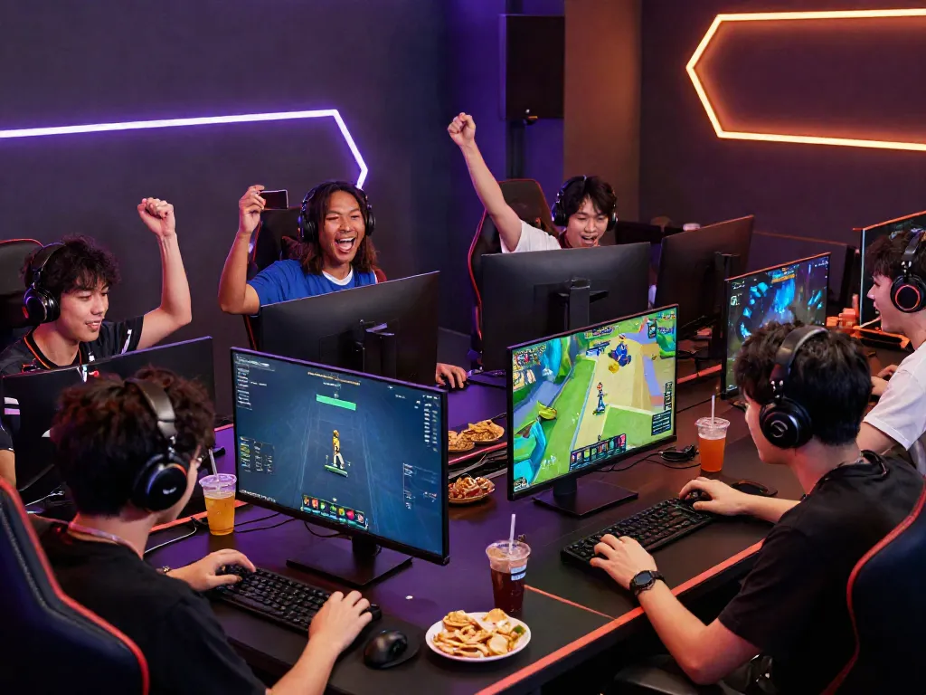 Suasana permainan online qqgobet dengan pemain antusias, komputer dan ponsel di sekitar, suasana modern dan menarik.