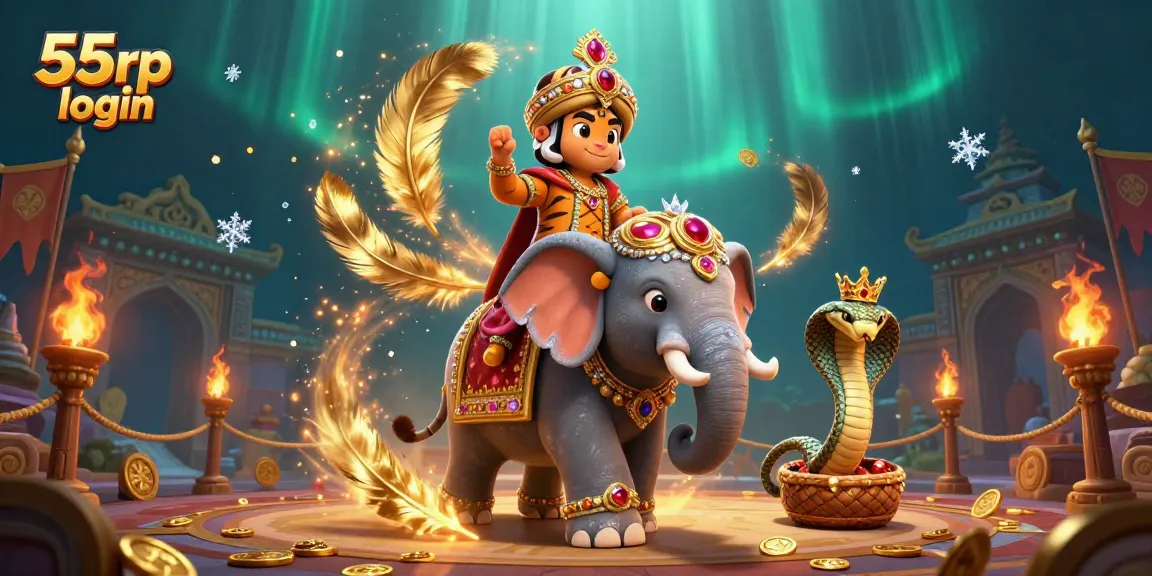 Experience exclusive casino features with 55rp login highlighted in a vibrant promotional illustration.