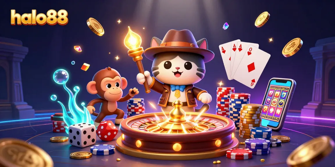 Experience thrilling gaming moments at halo88 with a cat explorer discovering casino treasures.