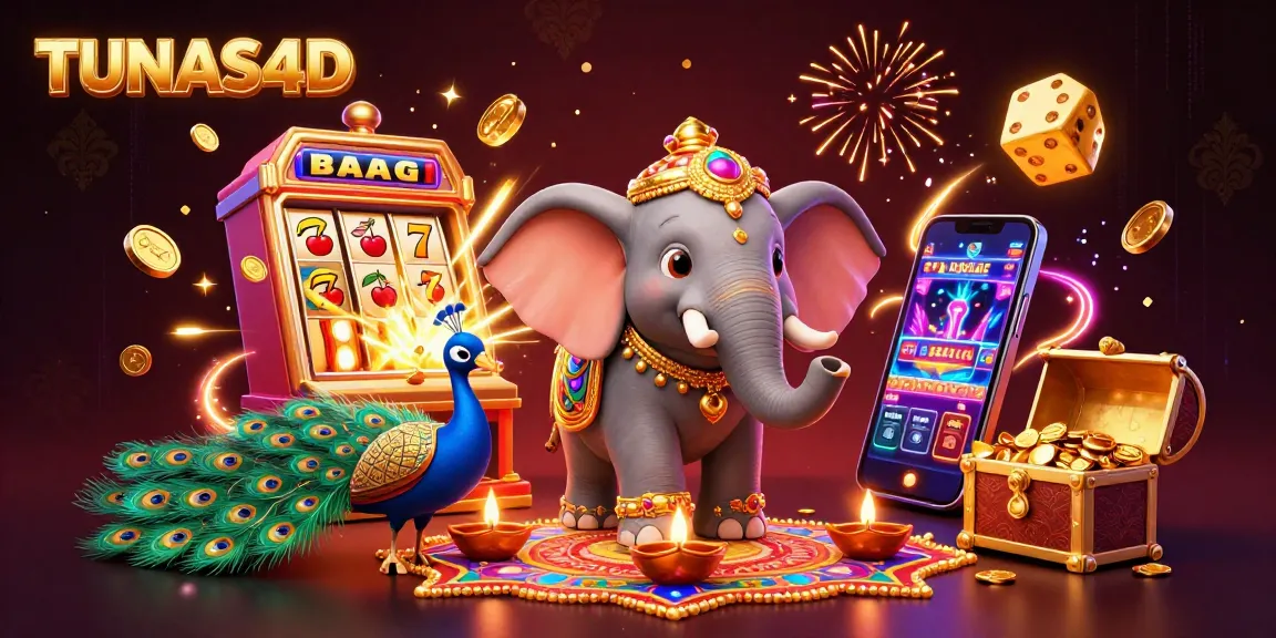 Experience the vibrant world of TUNAS4D with a colorful slot explosion and festive characters.