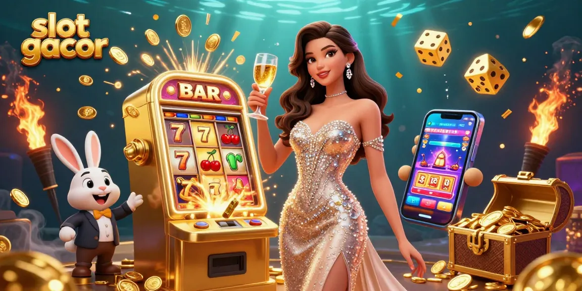 Slot gacor illustration featuring a stunning woman and a jackpot slot machine bursting with coins.