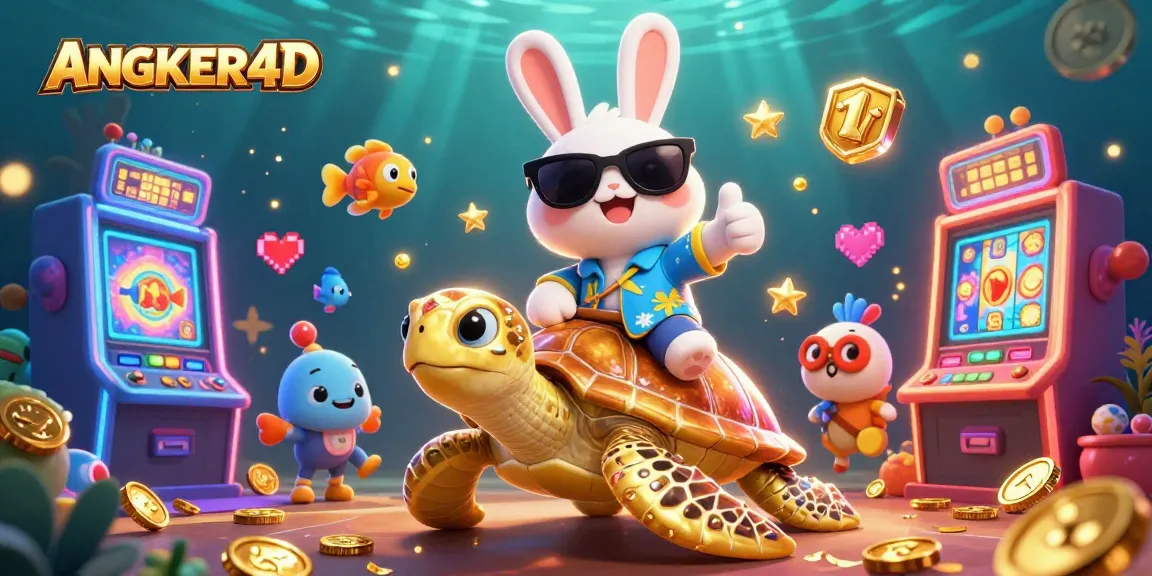 Play and win at ANGKER4D with vibrant slots and fun characters in colorful casino scene.
