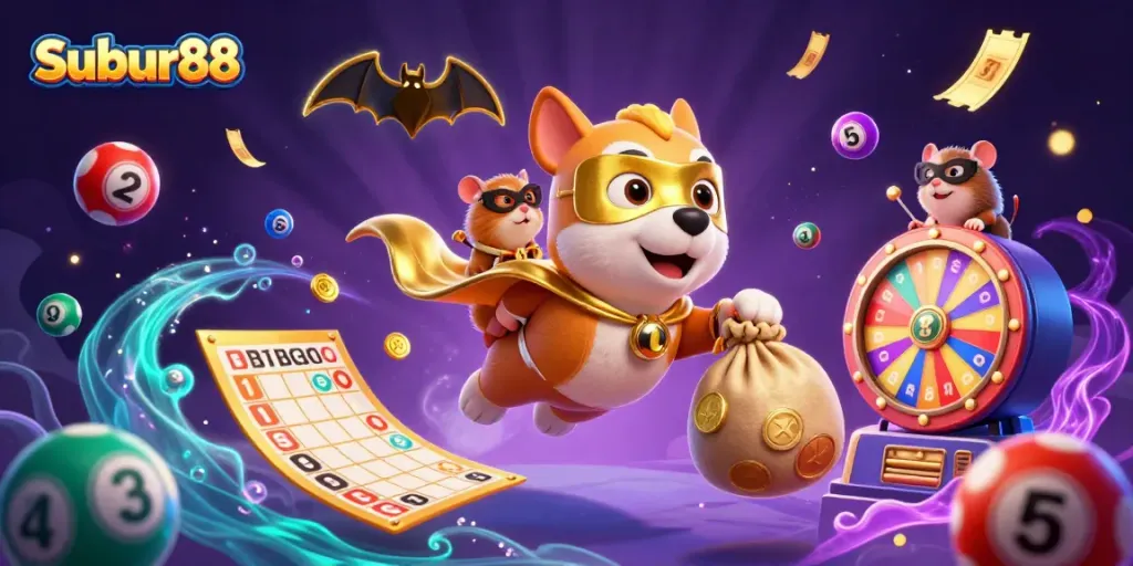 Subur88 menampilkan superhero anjing yang terbang membawa koin emas dalam suasana kasino penuh warna.