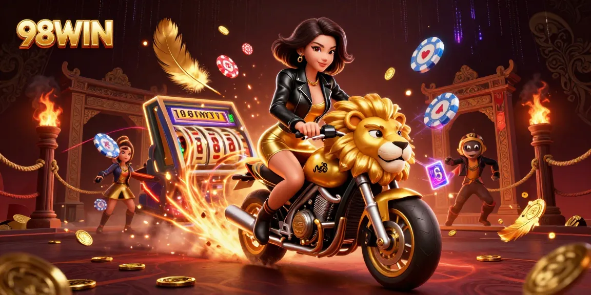 Win big with 98WIN in this vibrant illustration showcasing a thrilling online casino atmosphere.