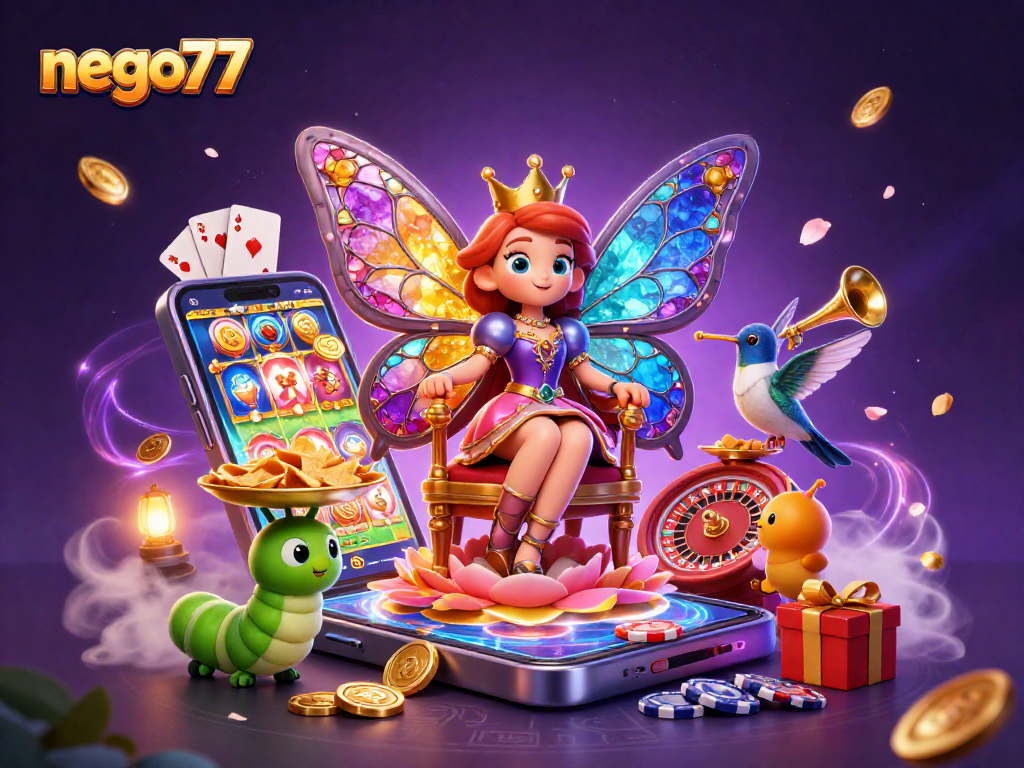 Engage with nego77's colorful promotion featuring a 3D butterfly queen, slot games, and vibrant gaming elements.
