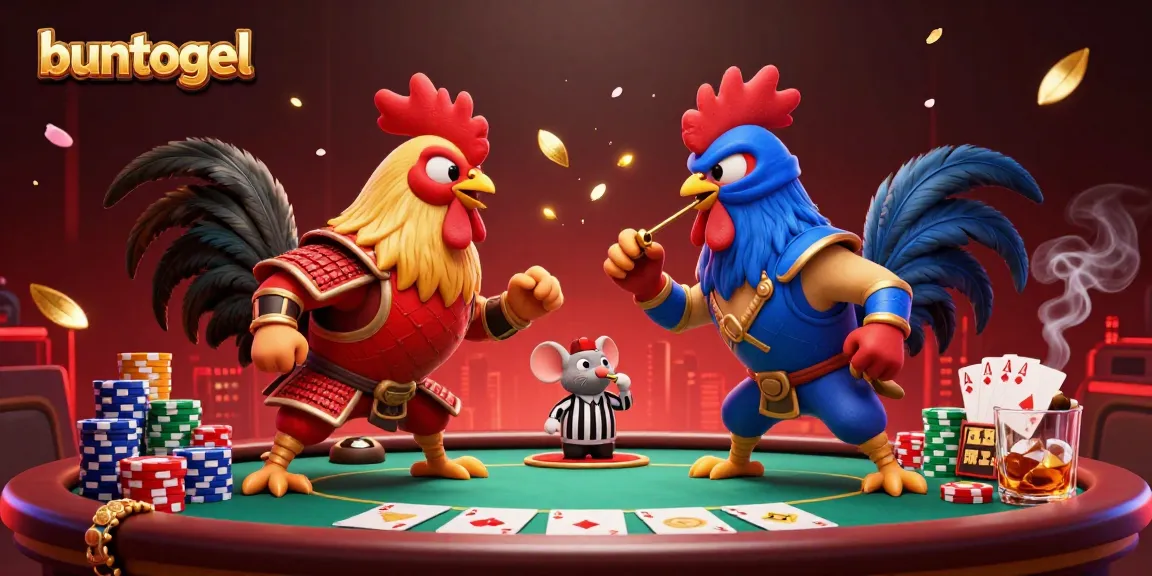 Buntogel showcases a vibrant scene with fighting roosters, poker elements, and a dynamic casino atmosphere.