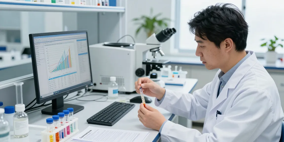 Ascension Peptides Review in a laboratory setting, featuring a professional analyzing peptide samples with visible certificates of analysis.