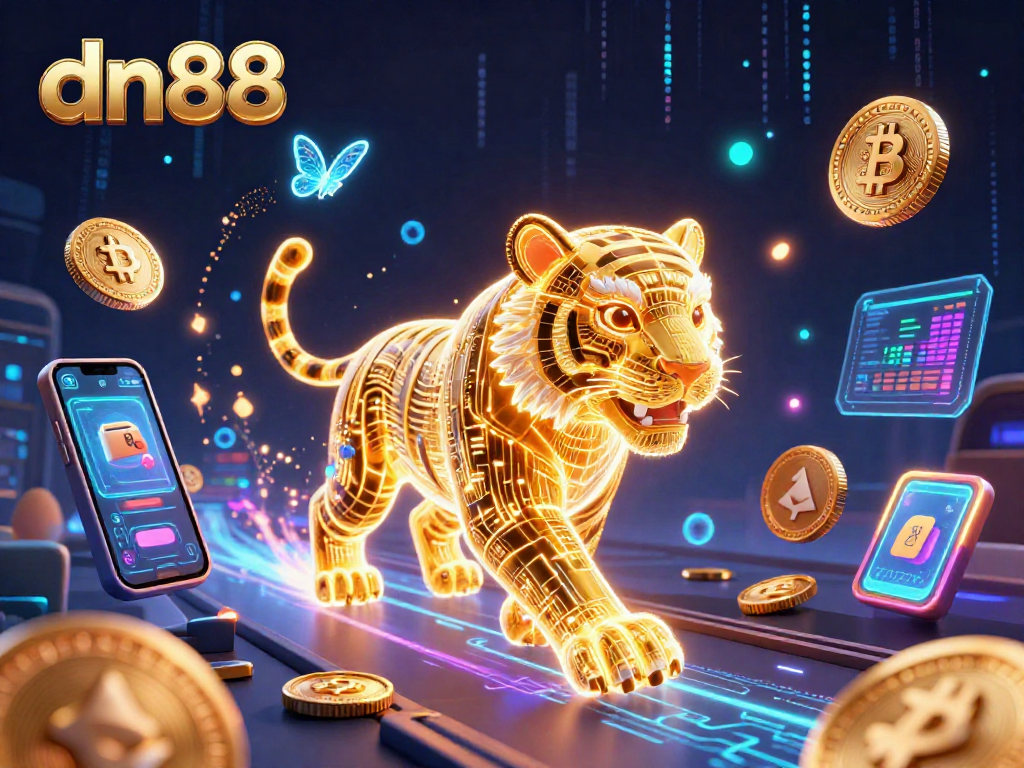 Experience thrilling gameplay at dn88 with a vibrant tiger amidst digital casino elements.