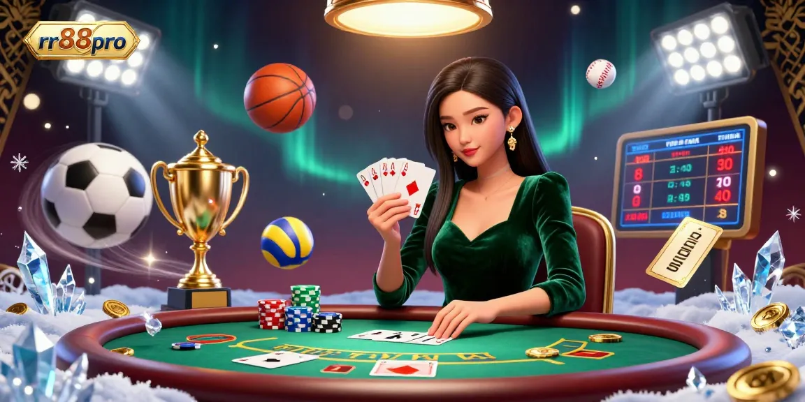 Experience thrilling poker action at rr88pro with a stunning Asian dealer showcasing her cards and surrounded by a rich casino atmosphere.