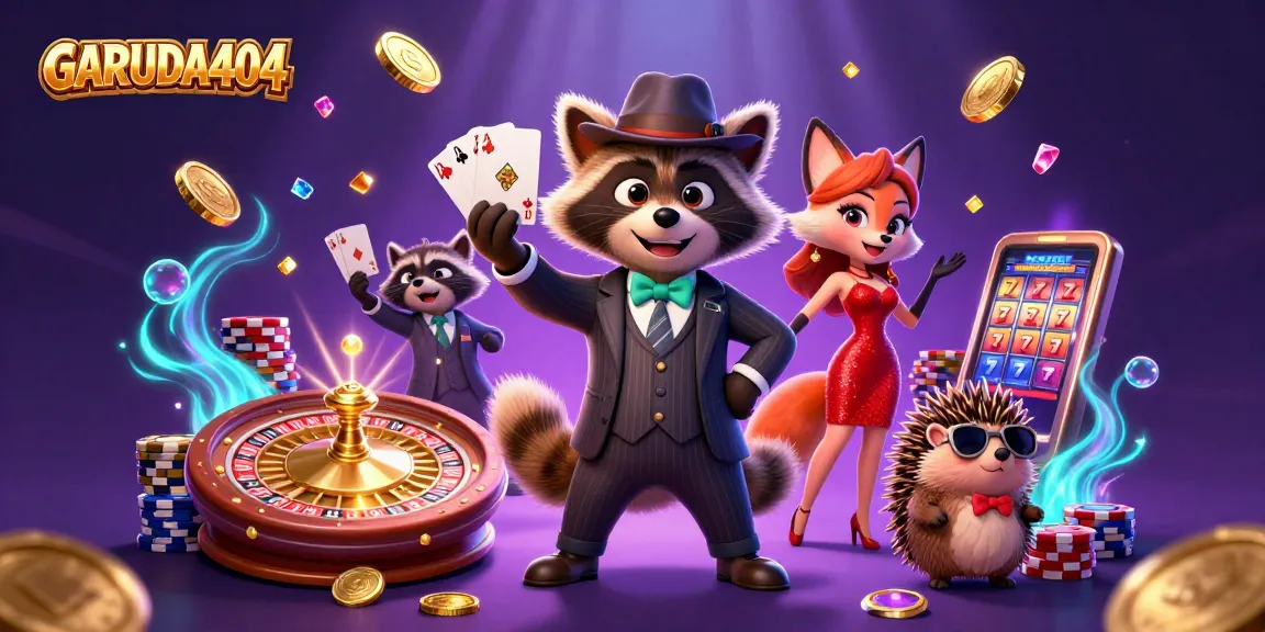 Win big at GARUDA404 with an exciting 3D illustration featuring a suave raccoon and a glamorous fox amidst vibrant casino elements.