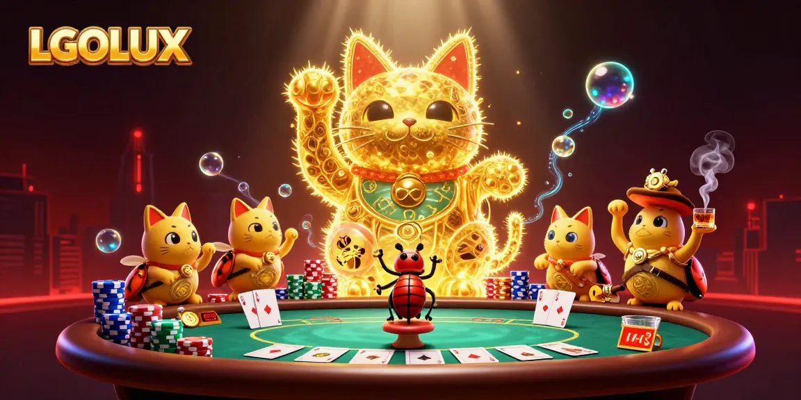 Experience the excitement of gaming with LGOLUX, featuring a vibrant lucky cat and casino symbols.