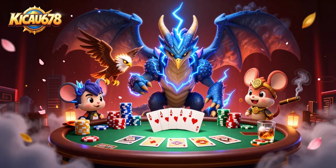 Experience betting thrills with KICAU678—a vibrant casino scene full of dynamic poker elements.