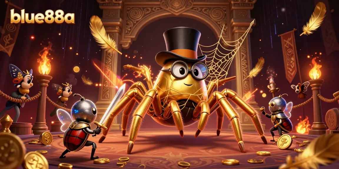 Immerse in blue88a's thrilling casino world featuring a golden tarantula and beetle knight battling in style.