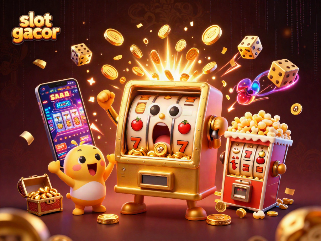 Slot gacor: Mesin slot emas mengeluarkan jackpot, dikelilingi simbol dan efek berkilauan.