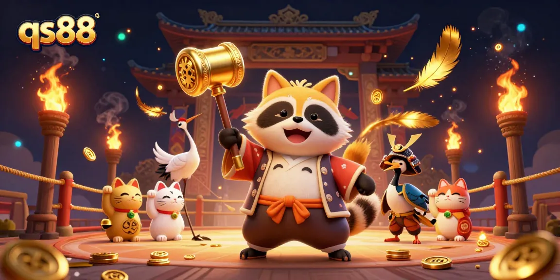 Engage with qs88 online casino in a vibrant 3D festive scene featuring lucky symbols and cheerful characters.