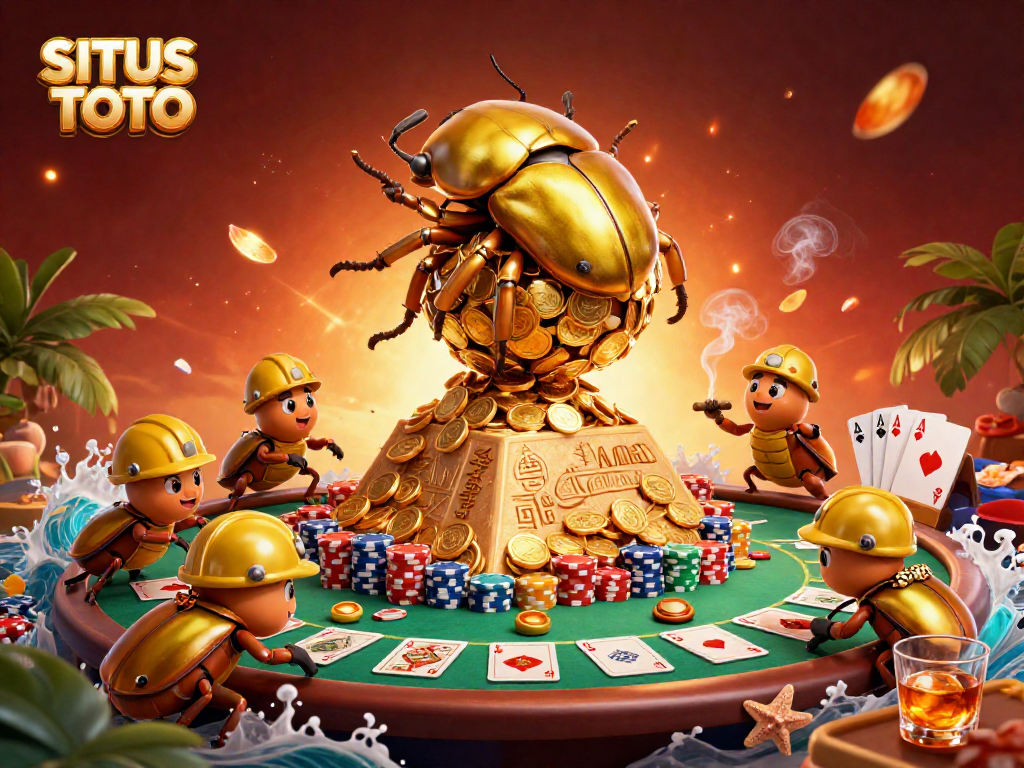 SITUS TOTO menampilkan ilustrasi kasino mewah dengan kebetulan kartun dan simbol peradaban kuno.
