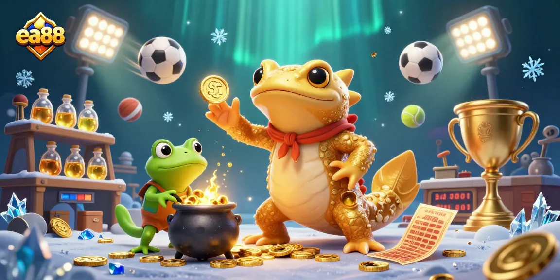 ea88 reveals a magical casino scene where a golden salamander fuses base metals into coins amid floating sports elements.