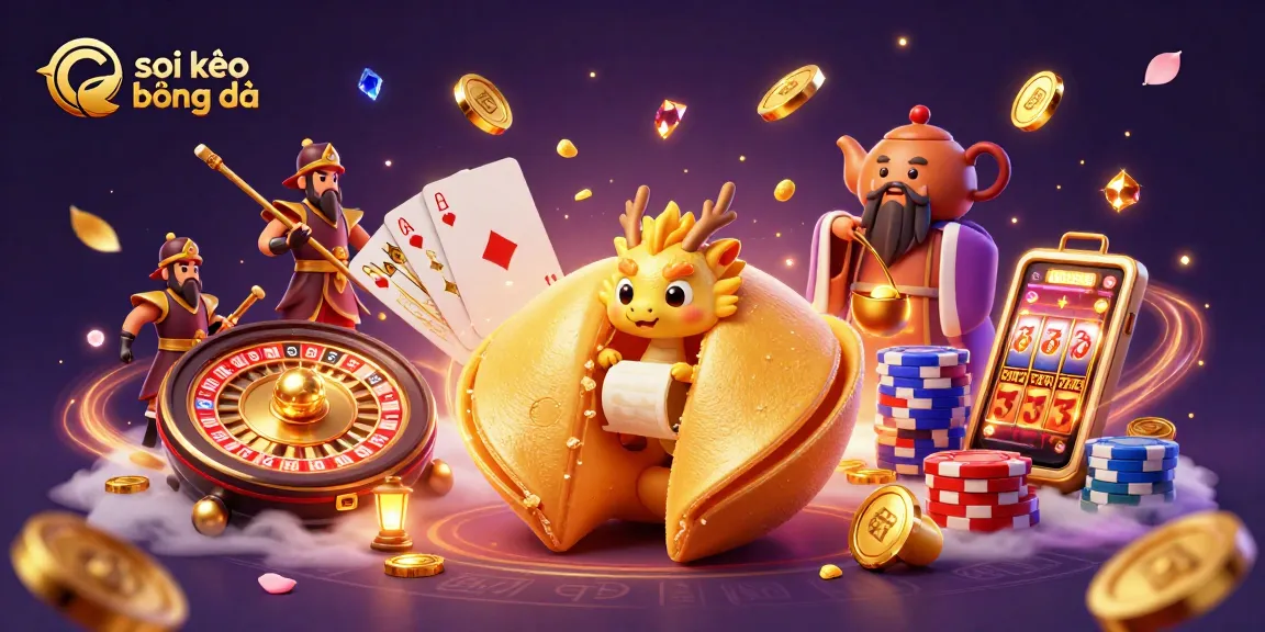 Soi kèo bóng đá illustration showcasing a fortune cookie with a clever dragon, dynamic casino elements, and vibrant action.