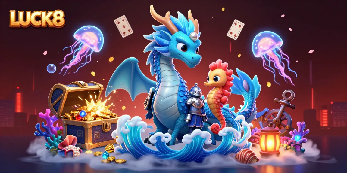 LUCK8 showcases a majestic water dragon, seahorse knight, and jellyfish amidst a vibrant casino-themed ocean.