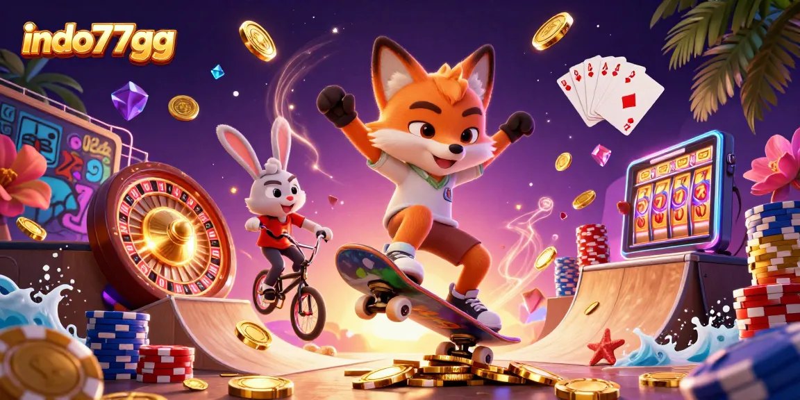 Indo777gg menampilkan portal permainan dengan chip poker emas, grafiti simbol kasino, dan kejutan melimpah di sekelilingnya.