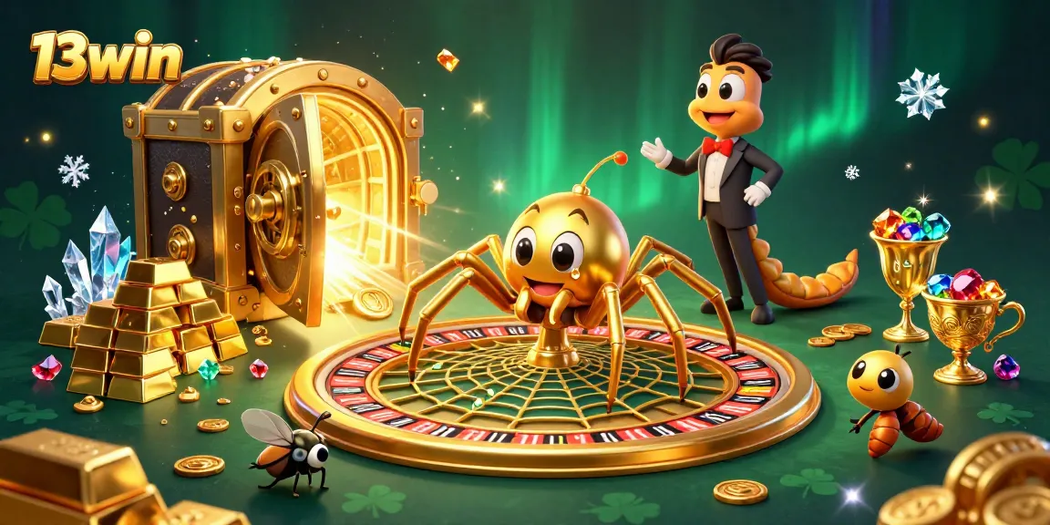 Experience thrilling bets at 13win with a cartoon spider and centipede in a vibrant casino scene.