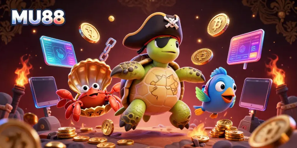 Play MU88 with vibrant 3D elements like pirate turtle and crypto coins floating above sunken treasure.