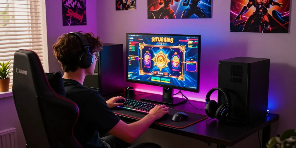 Vibrant gaming setup showcasing situs slot game on monitor amidst a colorful bedroom.