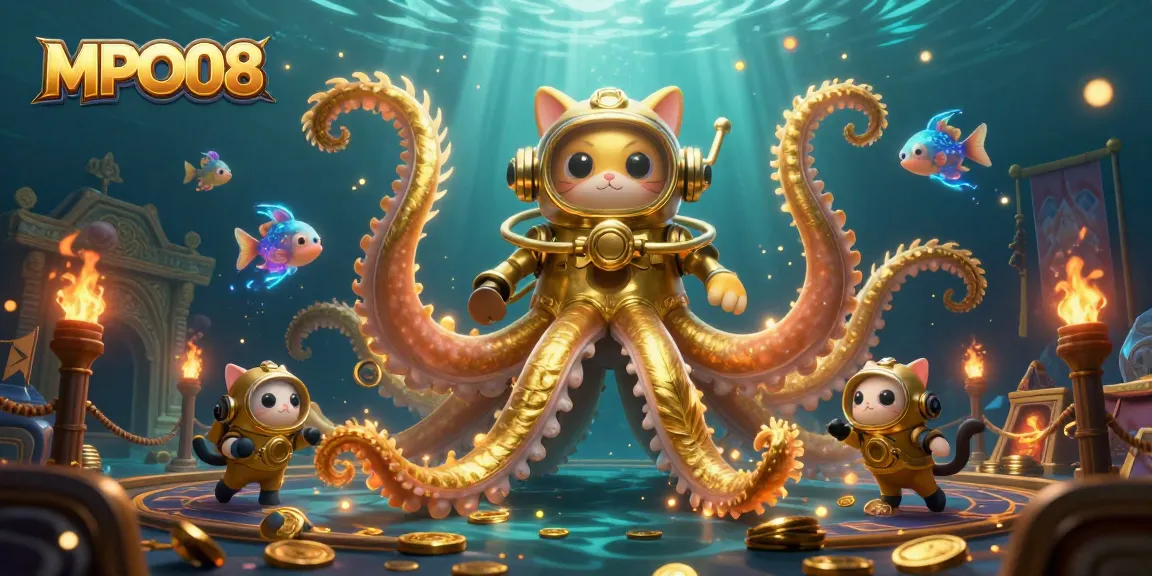 MPO08 offers thrilling underwater adventures with a kraken and a diving cat in an interactive casino setting.
