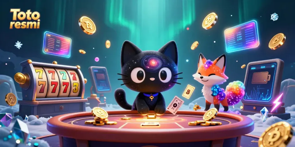 Experience the thrilling atmosphere of Toto resmi as a cosmic cat draws golden chips at a vibrant casino.