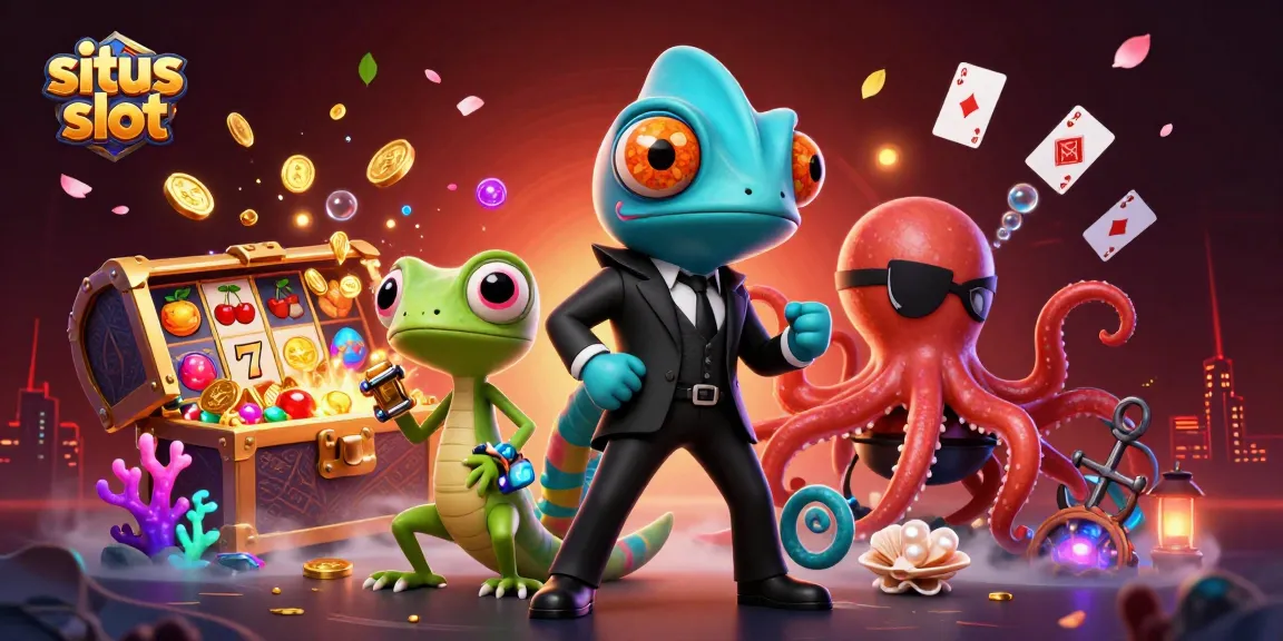 Situs slot excitement with a chameleon agent, gecko Q sidekick, and octopus villain amidst vibrant casino chaos